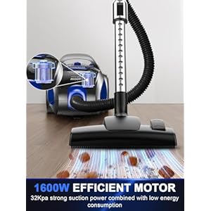 Canister Vacuum Cleaner 32Kpa 1600W Bagless Vacuum Cleaner Dust Full Indicator H13 HEPA Filter 37Qt Large Capacity Lightweight Vac for Hard Floors Carpet Pet Upholstery Blue