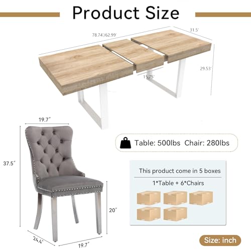 Image of Oak Dining Room Table Set for 6, 7-Piece 63 inch-78.74 inch Extendable Dining Table Set with 6 Upholstered Chairs, Rectangle Wooden Expanding Kitchen Table and Grey Chairs Set