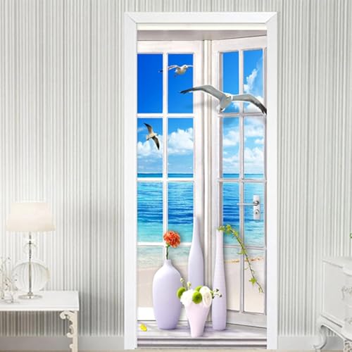 Pegatinas Puerta 3D Ventana Pegatinas para Puertas de Vista de La Playa Vinilo Decorativo Pegatina Pared Mural para Puerta Autoadhesivas Papel Pintado Puerta 100x200 cm A-2539
