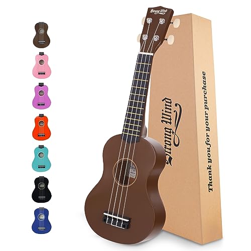 Image of Strong Wind Soprano Ukulele 21 Inch Basswood Ukeleles for Beginners Four Strings Hawaiian Guitar Easter Ukulele for Adults Teenagers Brown