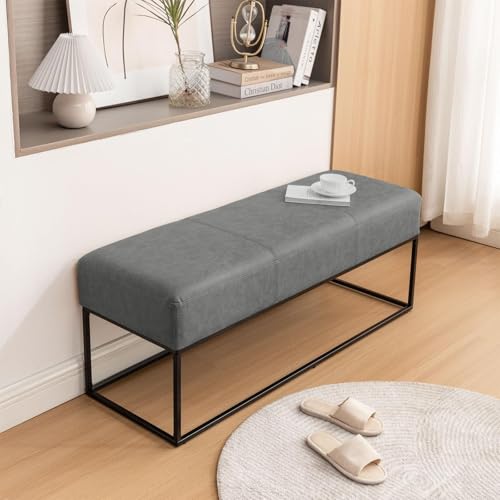 Image of Leather Entryway Bench, Modern Long Leather Ottoman Bench Seat with Metal Frame, 47'' Upholstered Bedroom Bench for Living Room Entryway Window, Vintage Gray
