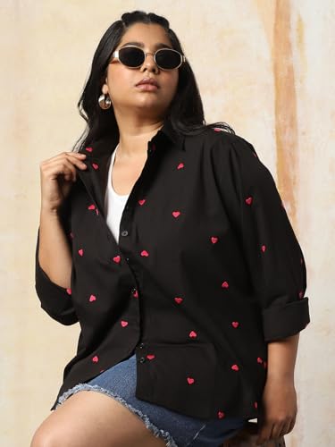 Image of HIGH Star Oversized Embroidered Cotton Shirt for Women | Stylish Tops for Women | Comfortable and Trendy Casual Shirt