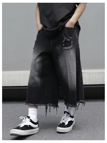 SweatyRocks Men's Ripped Wide Leg Cropped Jeans Raw High Waist Loose Denim Pants Streetwear4