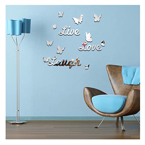 Live Love Laugh Lot de stickers muraux en acrylique avec papillons pour chambre à coucher et salon Argenté