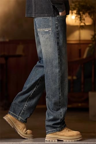 Men's Denim Pants, Elastic Waist, Relaxed Fit, Blue, Zipper & Button, Comfortable Jeans4