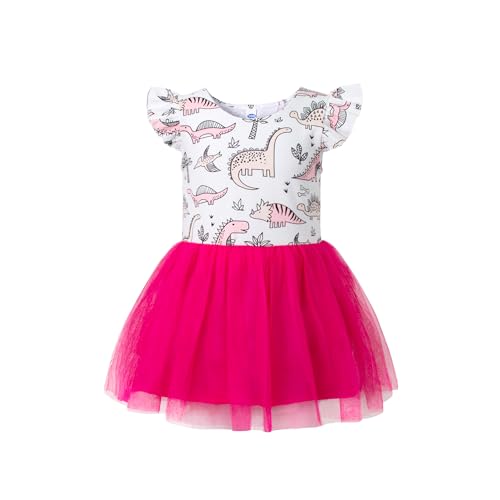 Infant Toddler Baby Girls Dress Dinosaur Ruffle Sleeveless Dresses Dark Pink Tulle Tutu Skirt Outfit Clothes Set