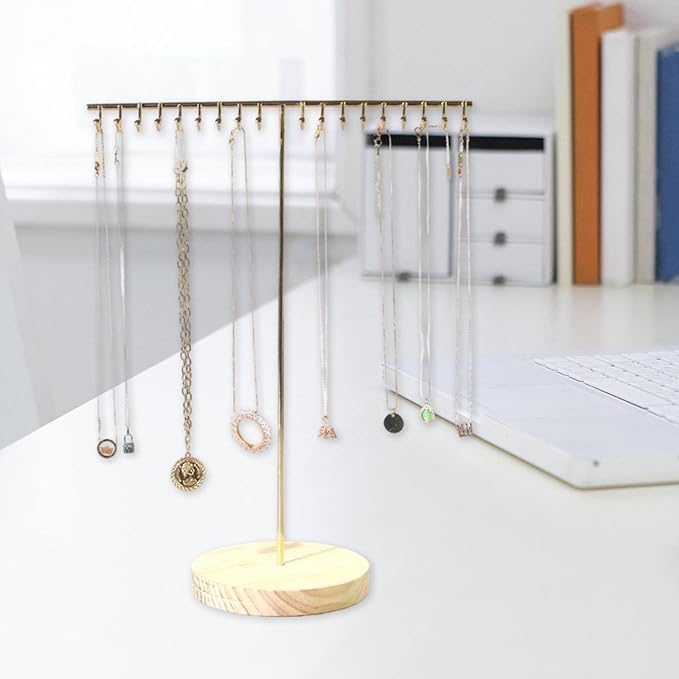 Image of T Shape Metal Gold Chrome Finished Wooden Jewellery Display Stand (16 Inch)