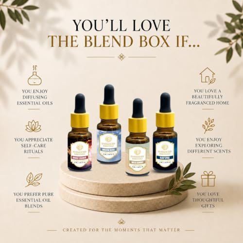 Image of Blend Box | 4 x 10 ml Pure Essential Oil Blend Gift Set | Breathe Bliss, Energy Essence, Relax Remedy & Sleep Spell | For Diffusers, Skincare, Massage, Candles & Soap Making