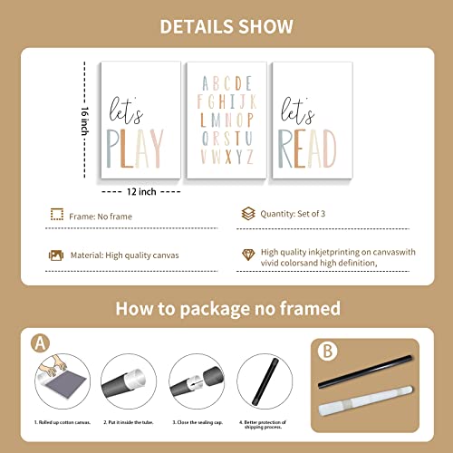 3 Piece Let's Play Let's Read Canvas Wall Art Kids Playroom Alphabet Learning Posters Educational Abc Letters Prints For Toddlers Neutral Book Reading Art Classroom Preschool Decor 12X16In Unframed #TOP5