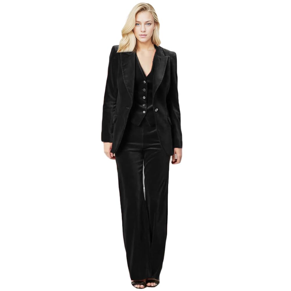 Botong Women's 3 Piece Velvet Suit Office Business Ladies Trouser-Suit One Button Peak Lapel Blazer Vest Pant Set Black