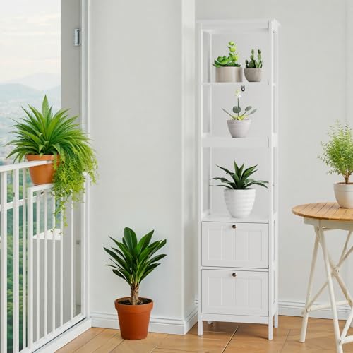 Armario Alto Estrecho Con MDF Y Tablero De Partículas, Mueble De Baño Independiente Con 2 Cajones Y 3 Estantes, Columna De Almacenaje Para Baño Y Lavadero, Blanco, 40 x 30 x 160 cm