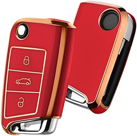 OATSBASF Car Key Cover for VW Golf 7 Key Box/Key Case Cover for VW, Polo, Skoda, Seat, 3 Buttons (Silver Leather)