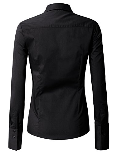 EZEN Womens Simple Solid Long Sleeve Button Down Dress Shirt Black Large