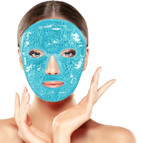 Image of JUDEE Reusable Gel Beads Face Mask - Hot & Cold Therapy Pillow for Face and Eyes - Soft, Adjustable, and Comfortable Relaxation Mask (Blue)
