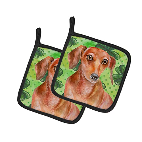 Caroline's Treasures BB9881PTHD Red Dachshund St Patrick's Pair of Pot Holders, Green Kitchen Heat Resistant Pot Holders Sets Oven Hot Pads for Cooking Baking BBQ, 7 1/2 x 7 1/2