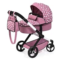 Bayer: Xeo Pram - Pink, White, Stars - Dolls Up to 18\", Shoulder Bag, Convertible to Pushchair, Adjustable Handle, Foldable, Kids Ages 3+