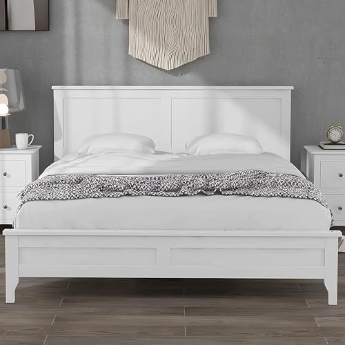 Harper & Bright Designs Queen Size Solid Wood Platform Bed, Modern Platform Bed Frame with Headboard, Sturdy Wood Foundation with Wood Slat Support, Easy Assembly, Rustic Pine - White