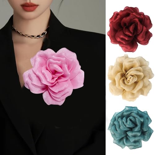 Image of Flash Camellia Flower Brooch Pin for Women Men Elegant Texture Fabric Dahlia Rose Floral Brooches Lapel Pins Dainty Wedding Holiday Party Costume Dress Accessories Jewelry