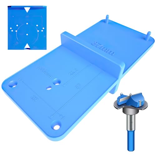 Plantilla para Bisagras de Cazoleta, Plástico de Alta Dureza, Aislada Según VDE, con Abridor y Ayuda para el Posicionamiento y Montaje de Bisagras en Puertas de Muebles y Armarios (Azul)