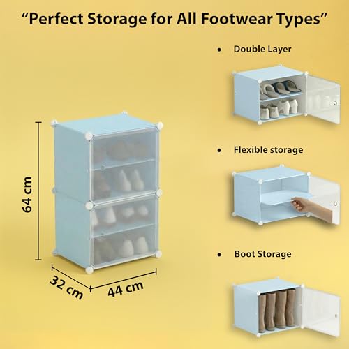 Image of ALOXE DIY Foldable Shoe Rack | 4 Layer Plastic Shoes Rack with Door Cover | Multipurpose Stand for Home & Entryway (Blue)