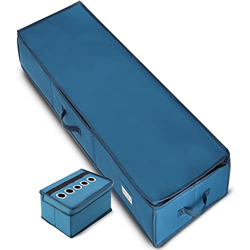 Image of Hearth & Harbor Wrapping Paper Storage Container - Christmas Storage Bag with Ribbon Dispenser and Interior Pockets - Gift Wrap Organizer Fits Up to 26 Rolls of 40 inch Length, Blue