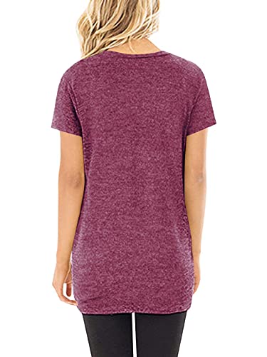 SHIBEVER Women's Tops Short Sleeve Shirts Twist Knotted T Shirts Round Neck Tunic Wine Red S