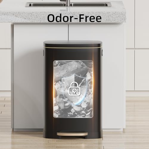 Image of KUK 13 Gallon Kitchen Trash Can with Lid, 50L /13Gal Office Step Garbage Can for Home, Kitchen, Laundry Room, Office, Brushed Stainless Steel, Black