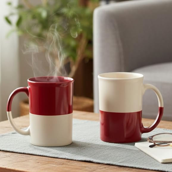 Image of BLACKCARROT Ceramic Red White Coffee Mug Set of 2, 300ml, Microwave Safe | 300ml ceramic coffee mugs set of 2, bone china free and microwave safe, ideal for tea, coffee and everyday gifting.