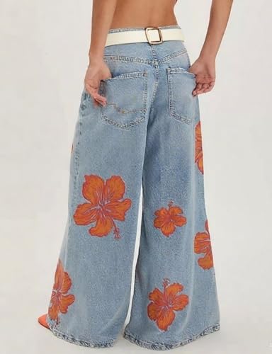 CHARTOU Women Floral Print Denim Wide Leg Pants Casual Loose High Waist Flared Baggy Jeans with Pockets3