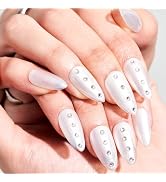 GLAMERMAID Press on Nails Almond Short,Handmsde White Pearl False Nails with Design,24 Pcs Glue o...