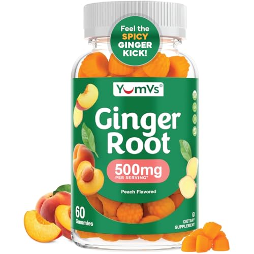 YUM-VS Ginger Gummies 500 mg Ginger Root Extract Peach Flavor Nausea Relief Digestion & Immune Support Vegan Non-GMO Gelatin-Free (60 Count)