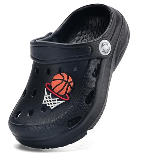 JUJIAOSO Kid's Unsiex Garden Shoes Slip on Sandals Cute Cartoon Slides Clogs(Black, 6 UK Child)