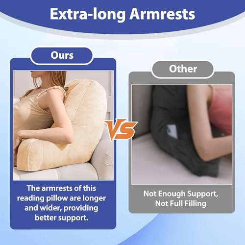 IASEAHK Reading Pillows for Sitting in Bed Adult, Back Pillow for Bed Sitting Up, Backrest Pillows with Shredded Foam for Adult&Teens, Support Pillow with Arms for Beds, Couch, Floor, 24in, Beige by IASEAHK - Image 3