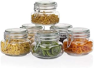 Amisglass Glass Storage Jars, Preserve Mason Jar with Clip Fasten, Pack of 6 Square Glass Jars With Leak Proof Rubber Gasket, for Canning, Sealing, Preserving, Meal Prep, Overnight Oats, Jam (600ML)