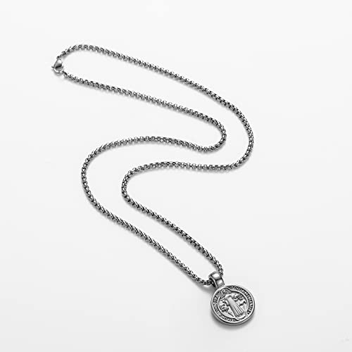 St Benedict Exorcism Medal Pendant Necklace Men's Stainless Steel Catholic Roman Patron Saint Pendant, Round Antiqued Religious Cross Protector Talisman Pendant3