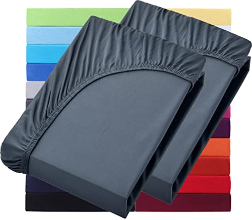 NatureMark Basic 2er Set Jersey Spannbettlaken 90 x 190 cm - 100 x 200 cm - 25 cm Steg - 100x200cm Spannbetttuch - 100% Baumwolle, Anthrazit/Dunkel grau
