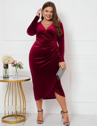 Image of ZOMVA Plus Size Velvet Wrap Dress Ruched Bodycon Dress Long Sleeves Ruffle Long Elegant Party Wedding Guest Cocktail Holiday