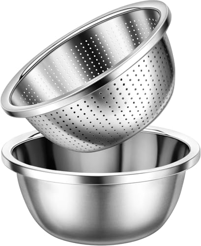 YC Kitchen Colino in acciaio inox, 22 cm, con ciotole, colino per cibo da cucina per lavare pasta, frutta, verdura, lavabile in lavastoviglie (2 pezzi)