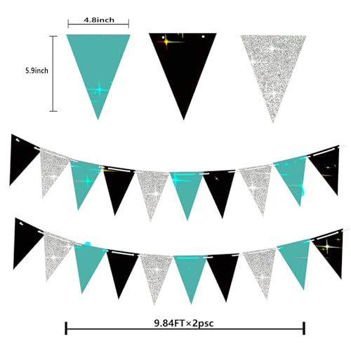 Image of Teal Turquoise Black Graduation Decorations 2026 /Turquoise Black Graduation Party Decorations /Turquoise Birthday Party /Teal Silver Triangle Banners 2pcs for Bridal Shower /Wedding