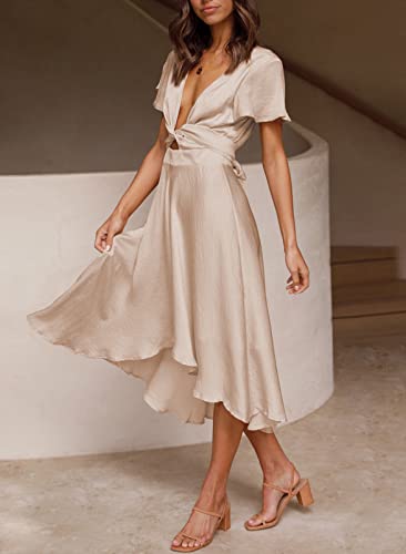 Image of miduo Womens Satin V Neck Ruffle Short Sleeve Tie Front High Waist Midi A-Line Maxi Dresses