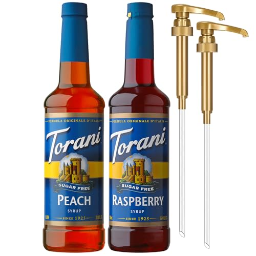 Image of Torani Sugar Free Raspberry Syrup and Sugar Free Peach Syrup Variety 2-Pack, Flavored Syrups for Drinks, Pumps Included, 25.4 Fl Oz Ea