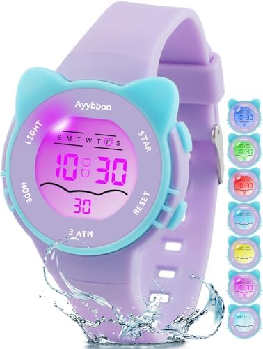 Ayybboo Kids Digital Watches for Girls Boys, 7 Color Lights Waterproof Watches for Kids with Alarm Stopwatch, Cute Cat Watch, Kids Gifts for Girls Boys Ages 5-13