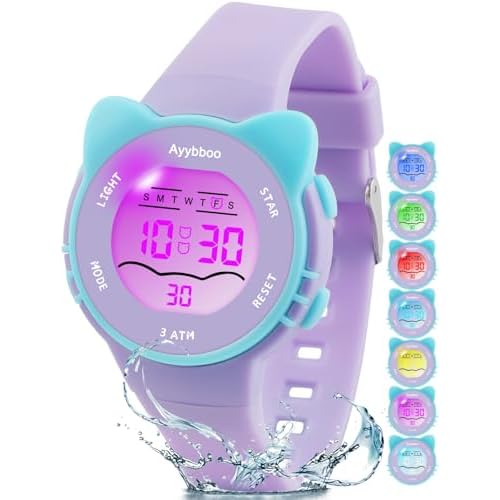 Ayybboo Kids Digital Watches for Girls Boys, 7 Color Lights Waterproof Cute Wristwatches for Kids with Alarm Stopwatch, Great Present for Girls Boys Ages 5-13