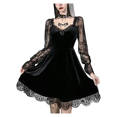 JIERLAY Women Black Gothic Lolita Lace Dresses Long Sleeve Vintage Grunge Lace-up Dress Cosplay Party Prom Punk Goth Dresses (Black, Small) Cover