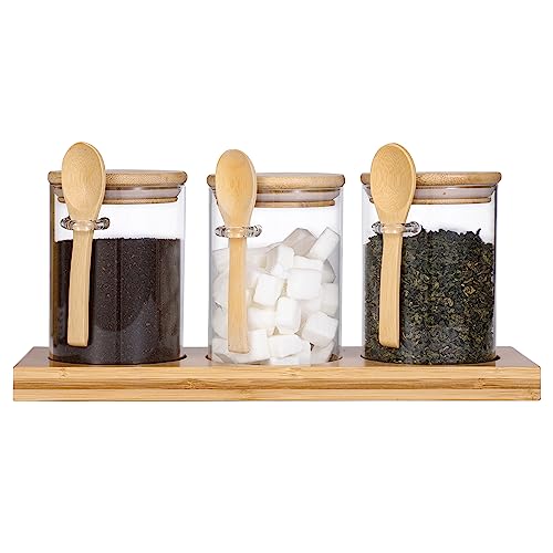 GURUDAR Glass Spice Storage Container with Spoon, 3PCS 20oz Airtight Sealed Condiment Jar with Tray, Kitchen Pantry Seasoning Canister Set for Salt Coffee Sugar Tea & Bathroom Cotton Swab Ball