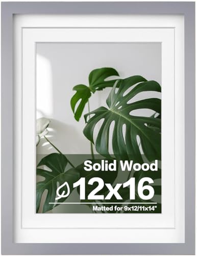 Egofine 12x16 Picture Frame Made of Solid Wood with Plexiglass, Display Pictures 9x12/11x14 with Mat or 12x16 Without Mat, for Wall Mounting Photo Frame, Light Grey