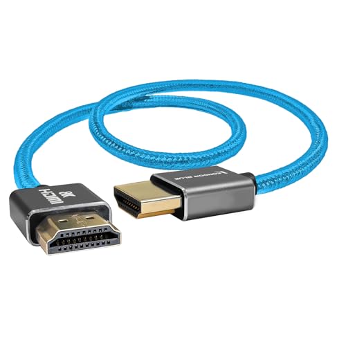 Image of KONDOR BLUE 8K HDMI to HDMI Thin Short Straight Braided Cable for On-Camera Monitors, Capture Cards + More | 8K /60hz 4K /120hz | 48Gbps 3D HDR MetaData | 17 inch Inch | Blue