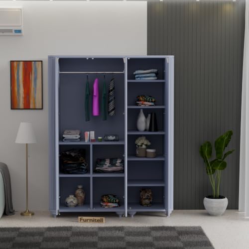 Image of 3 Door Wardrobe Almirah for Bedroom, 72 Inch | Premium HDHMR Wooden Cupboard with Hanging Rod & Storage Compartments | Fluted Push-to-Open Clothes Organizer Cabinet | Grey Finish