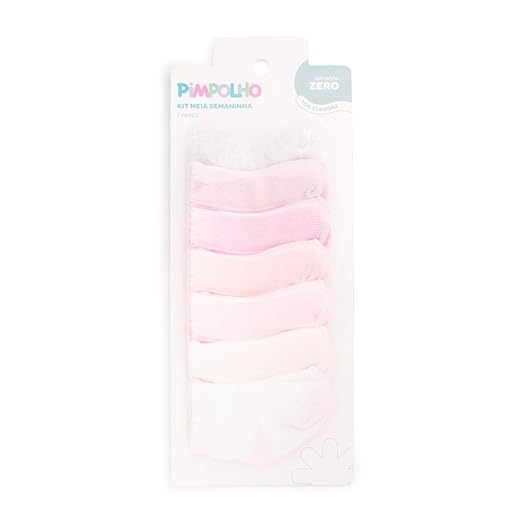 Pimpolho Kit 7 Pares Meia Lisa Semaninha Bebê Menina, Rosa e Cinza, Algodão, RN 0-4 Meses