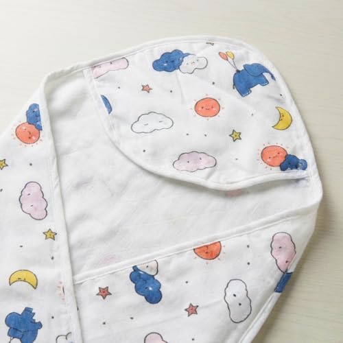Image of HANUSH 100% Muslin Cotton Baby Hooded Towel 75x75 cm - Double Layer Soft Newborn Bath Wrap, Organic Muslin Bath Towel for Infants & Babies (Unisex, Elephant & Cloud Print)